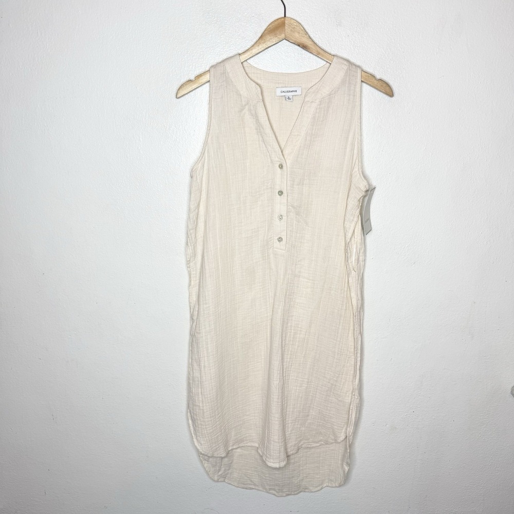 New Calligraphie Cream Textured‎ Sleeveless Dress Open Sides Womens Small